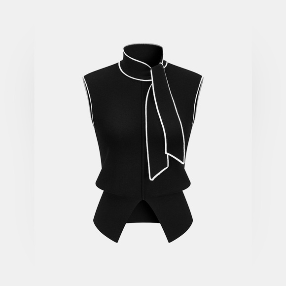 Commense Tops - COMMENSE Black Sleeveless Tie-Neck Shell with White Piping Size Large (8/10)